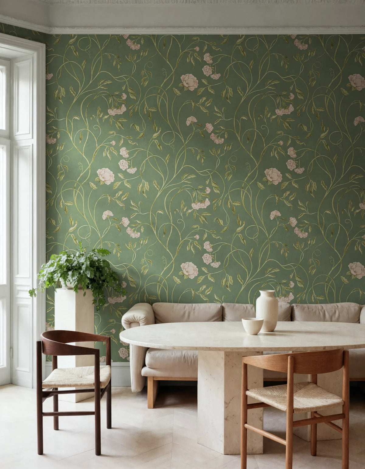 Peony Bloom, Green Mural Wallpaper - room preview 02