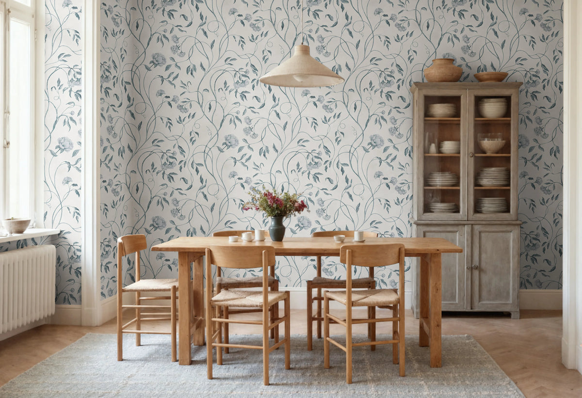 Peony Bloom, Blue Mural Wallpaper - room preview 02