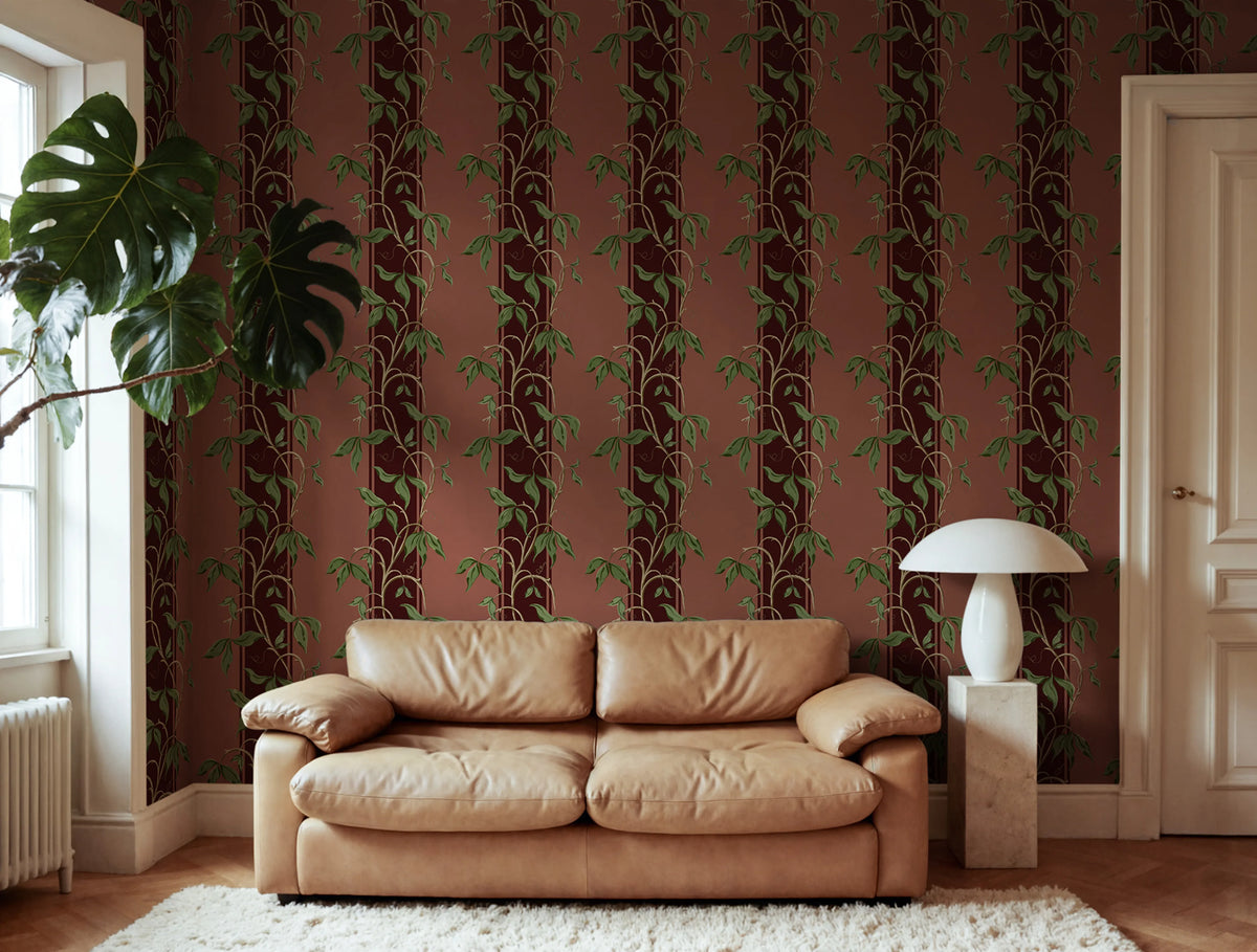 Garden Stripe, Burgundy Mural Wallpaper - room preview 02