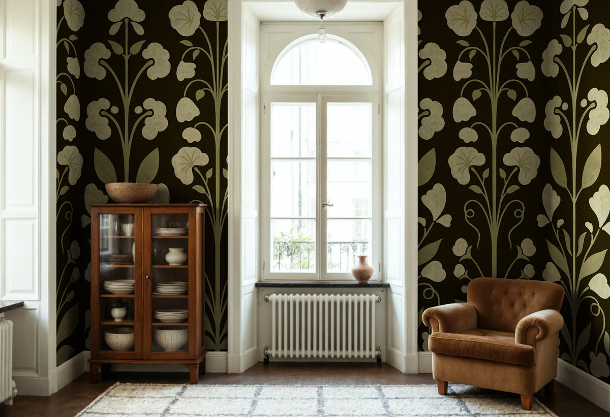 Folk Flower, Dark Green Mural Wallpaper - room preview 02
