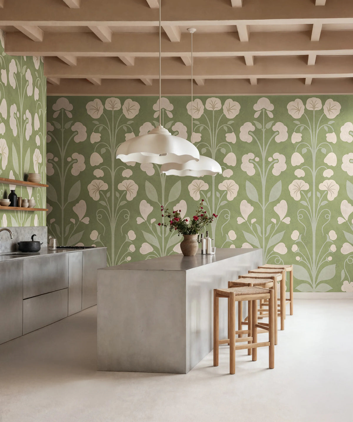 Folk Flower, Green Mural Wallpaper - room preview 02