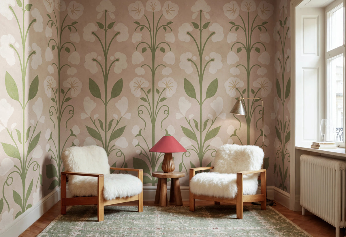 Folk Flower, Pink Mural Wallpaper - room preview 02