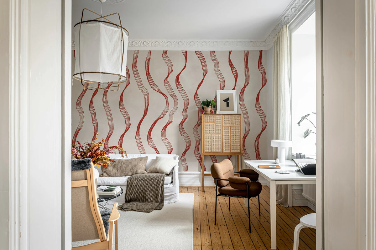 Ribbon Stripe, Red Mural Wallpaper - room preview 02