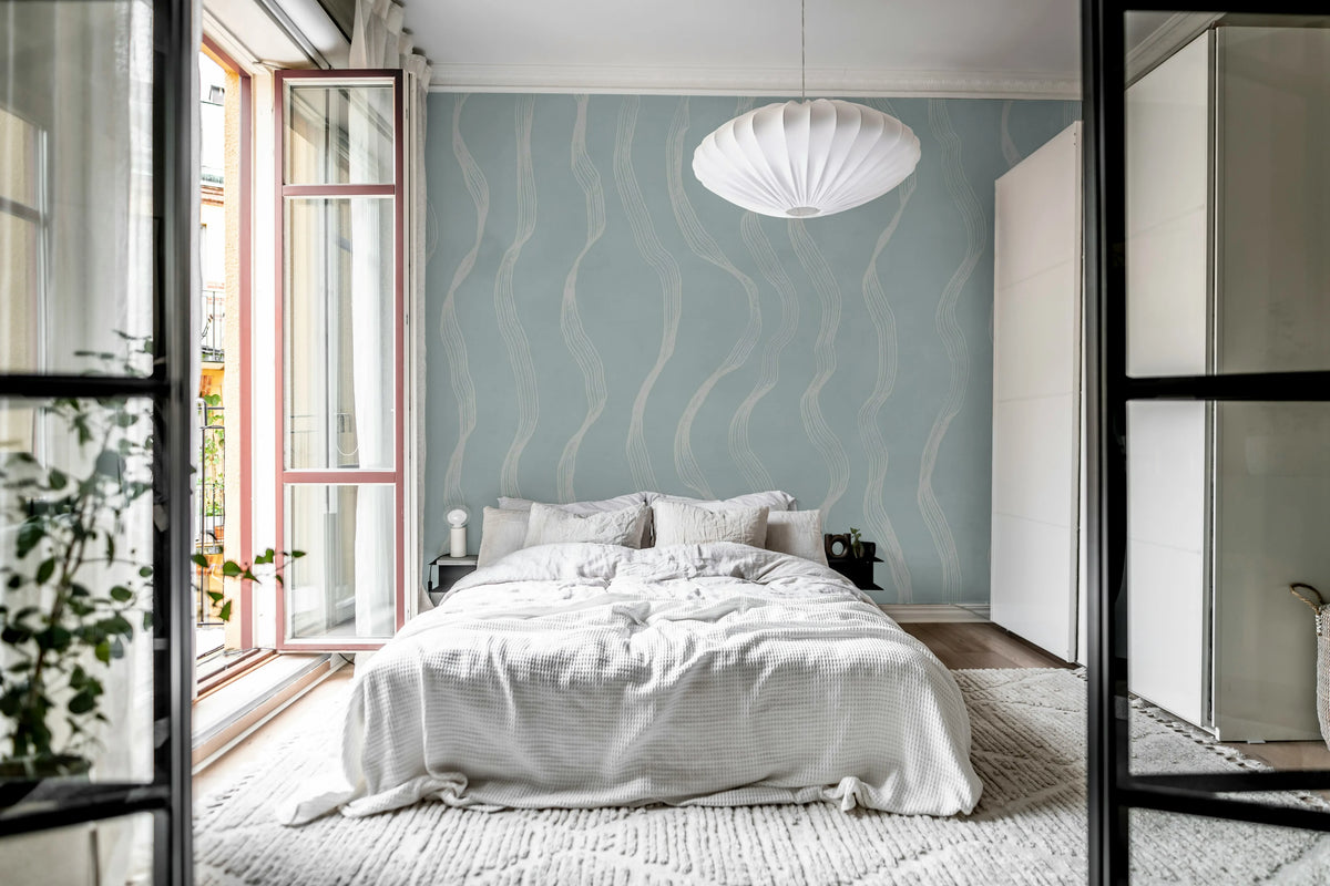 Ribbon Stripe, Light Blue Mural Wallpaper - room preview 02