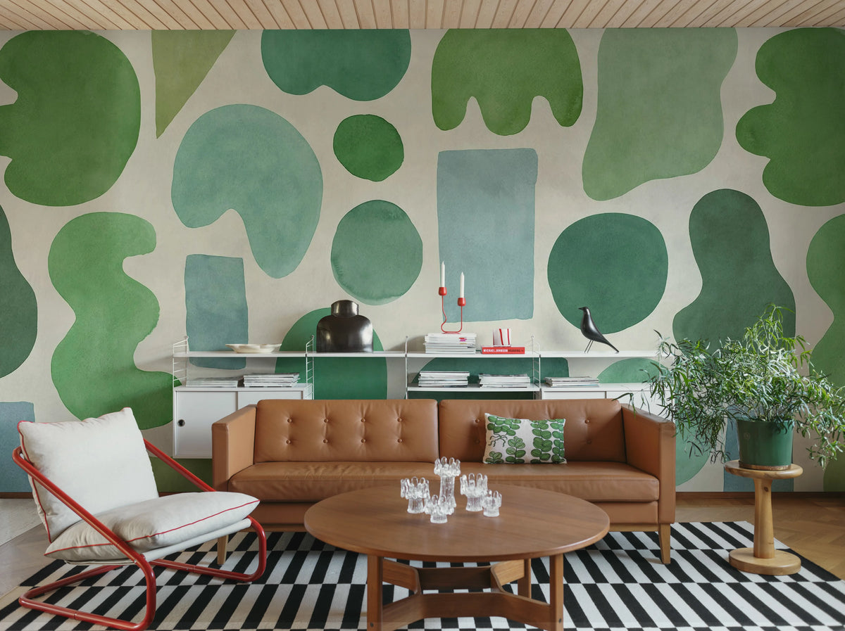 Watercolor Shapes, Green Mural Wallpaper - room preview 02