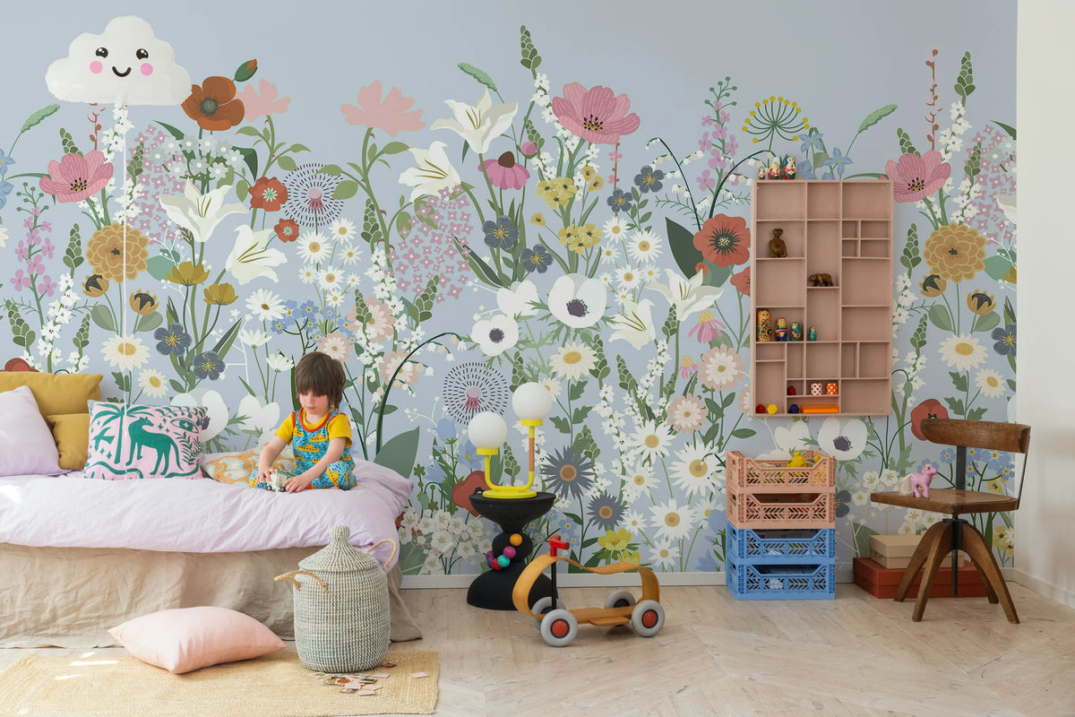 Playful Meadow, Blue Mural Wallpaper - room preview 02