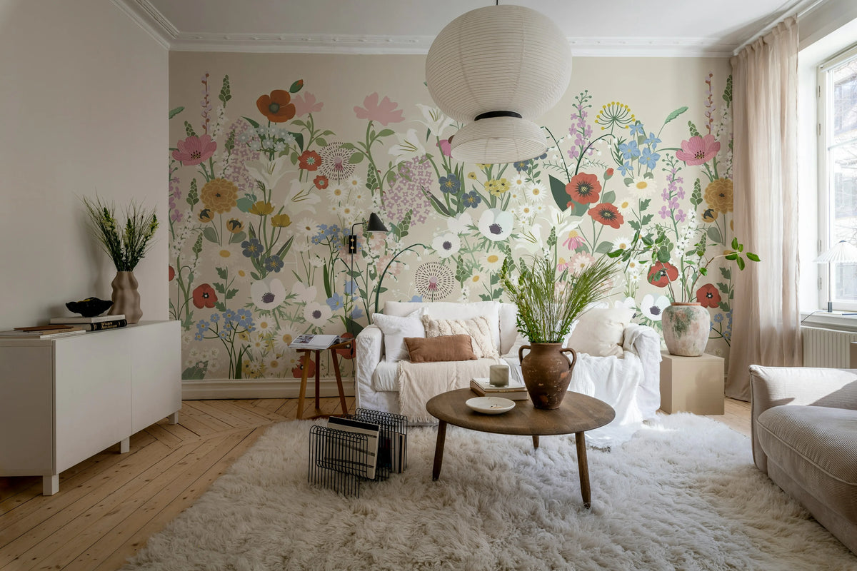 Playful Meadow, Beige Mural Wallpaper - room preview 02