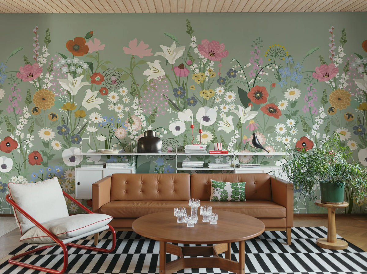Playful Meadow, Green Mural Wallpaper - room preview 02