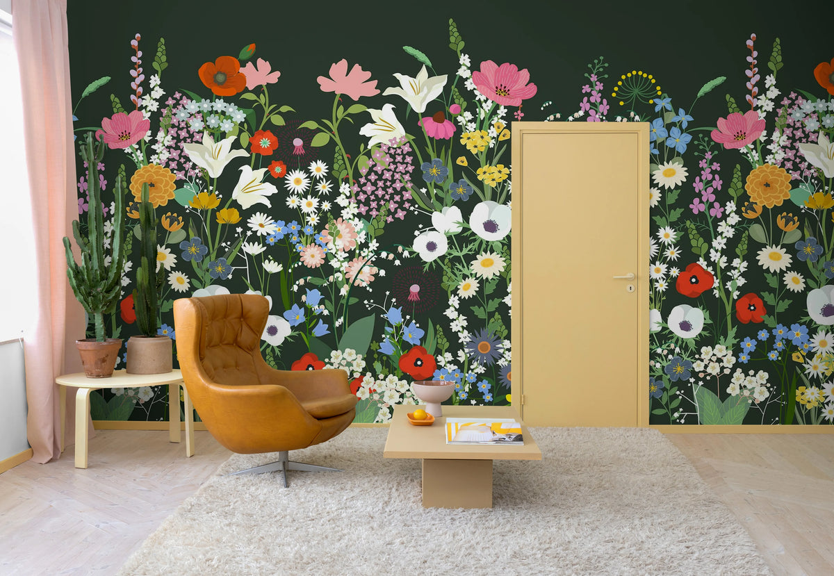 Playful Meadow, Black Mural Wallpaper - room preview 02