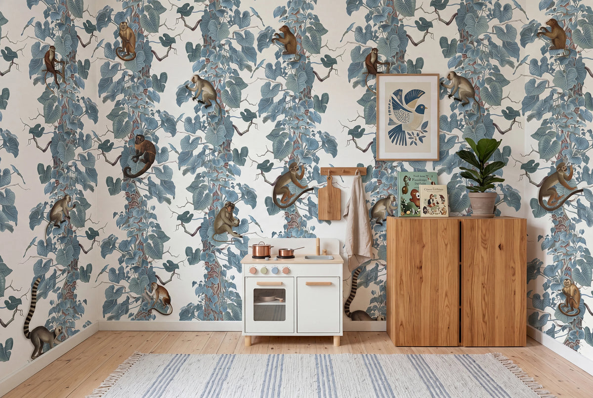 Monkey Climbers, Blue Mural Wallpaper - room preview 02