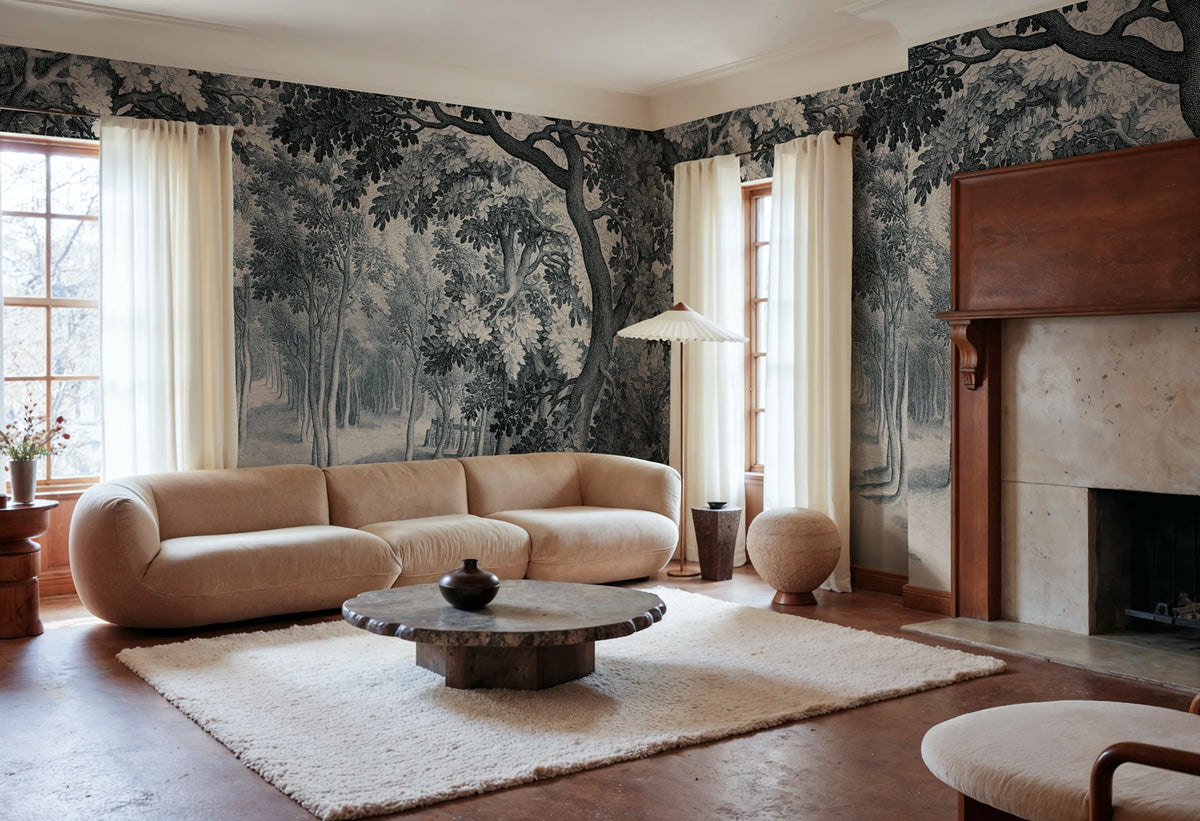 Forest Engraving, Blue Mural Wallpaper - room preview 02