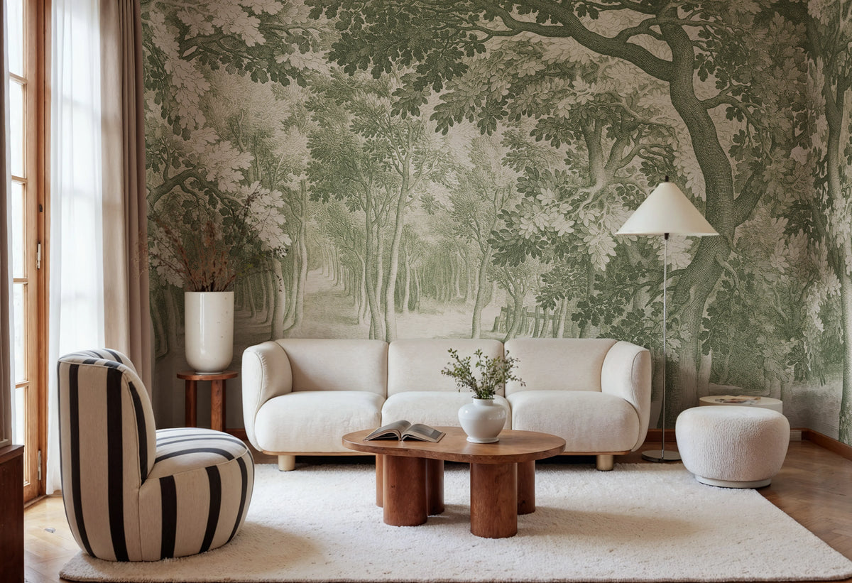 Forest Engraving, Green Mural Wallpaper - room preview 02