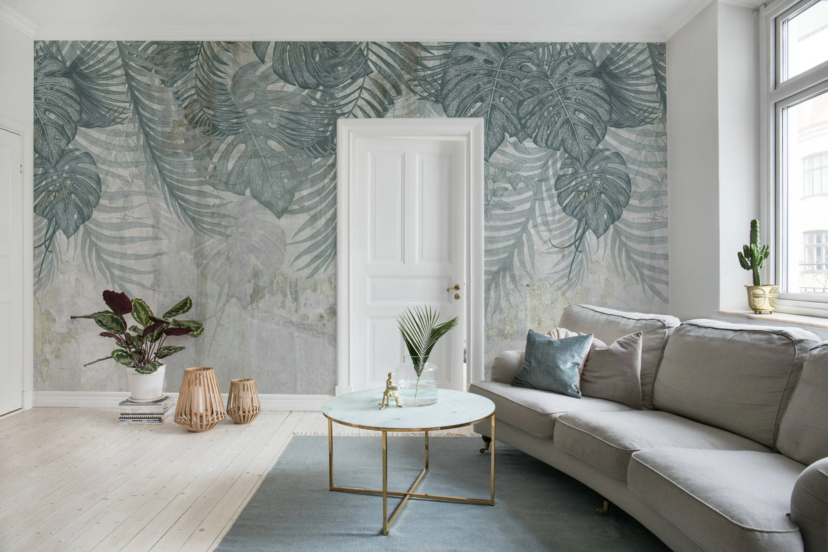 Monstera Wall, Blue Mural Wallpaper - room preview 02