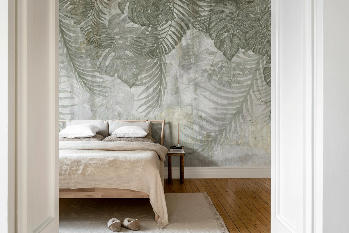 Monstera Wall, Gray Mural Wallpaper - room preview 02