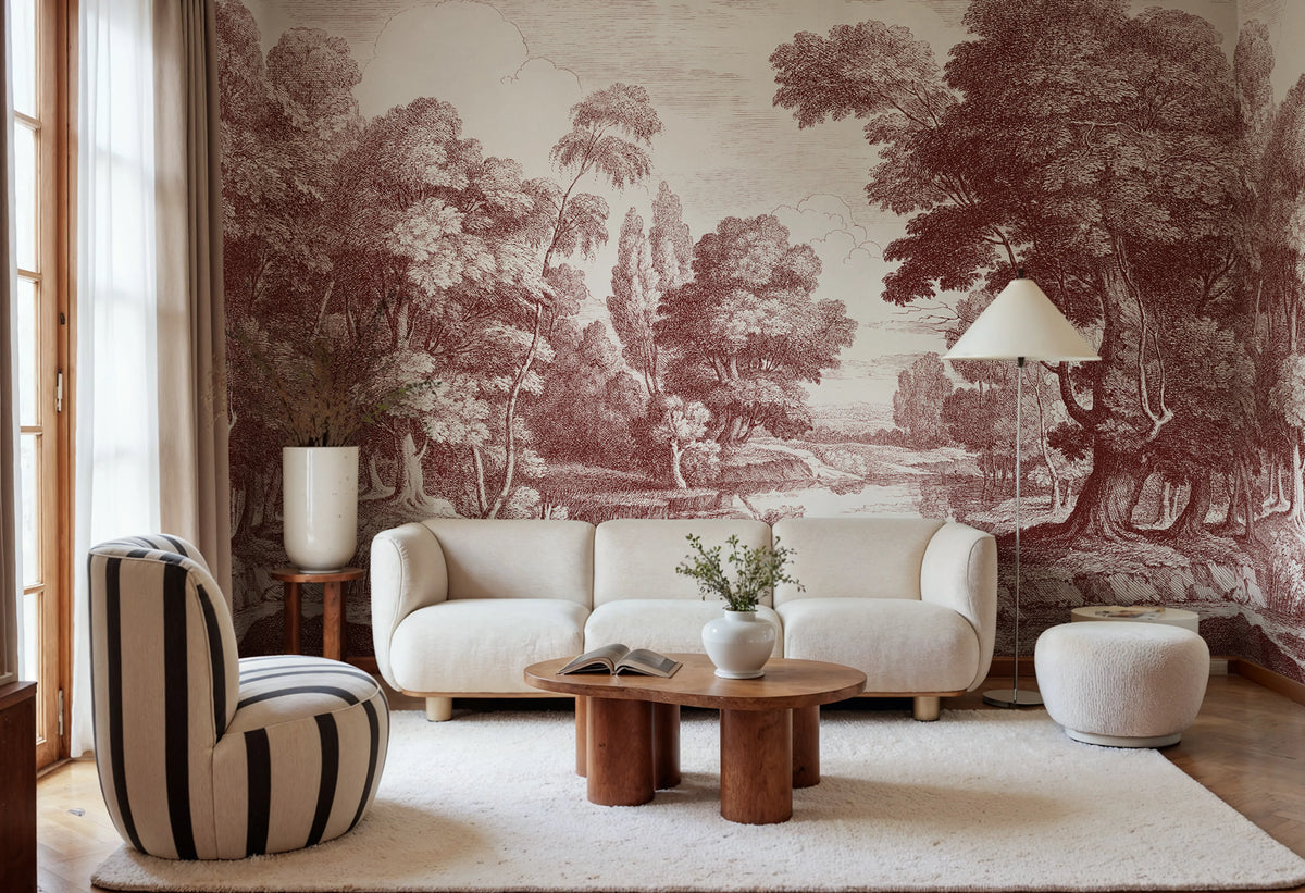 Etching Park, Burgundy Mural Wallpaper - room preview 02