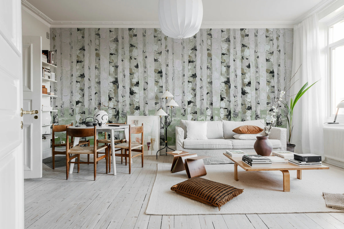 Birch Forest, Green Mural Wallpaper - room preview 02