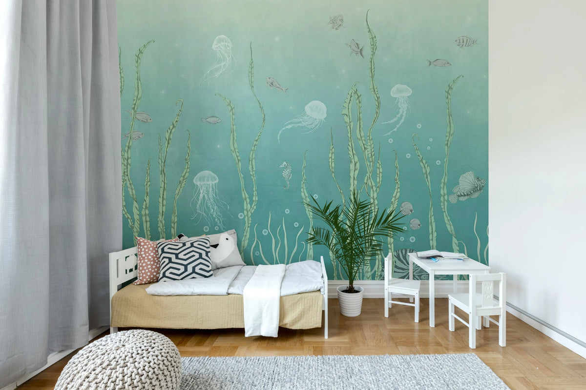 Below the Surface, Blue Mural Wallpaper - room preview 02