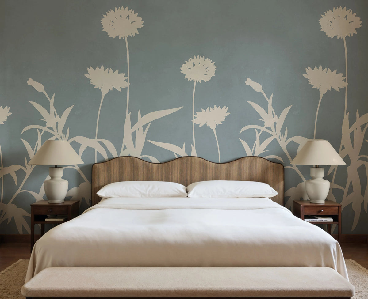Floral Silhouette, Blue Mural Wallpaper - room preview 02