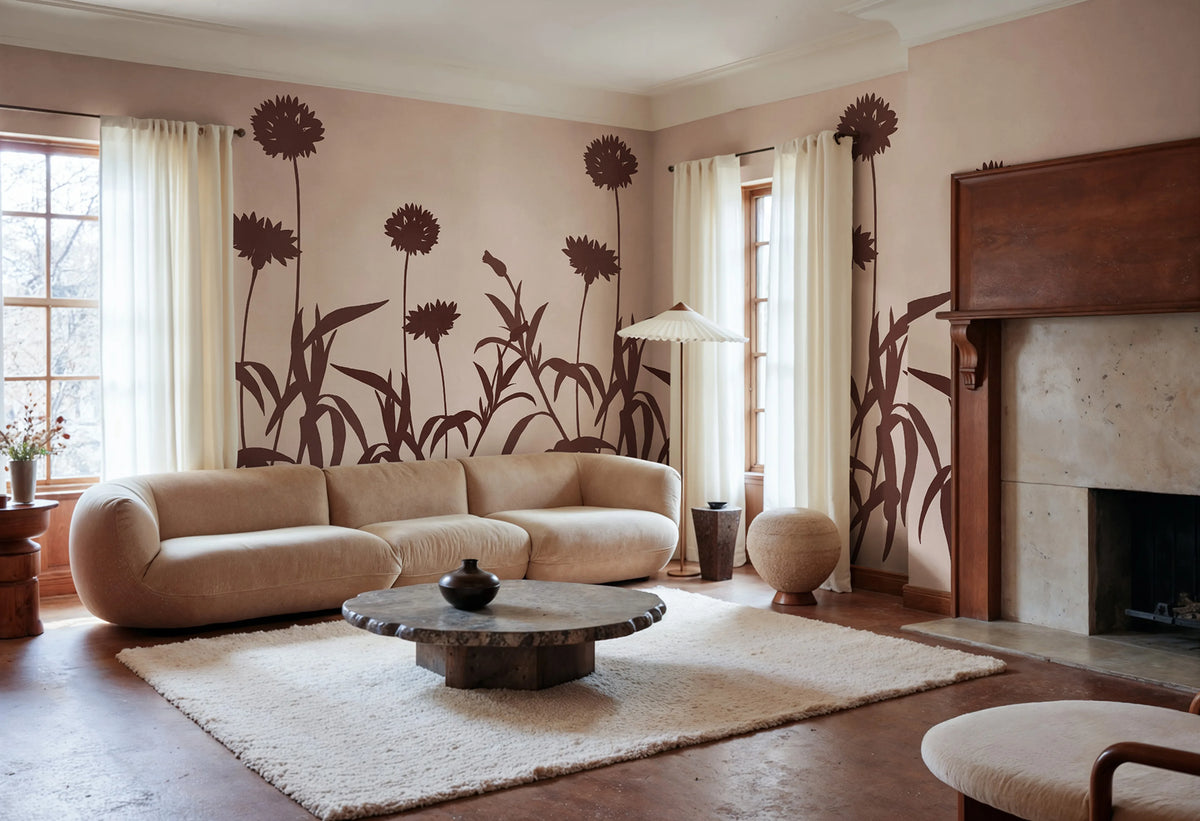 Floral Silhouette, Pink Mural Wallpaper - room preview 02