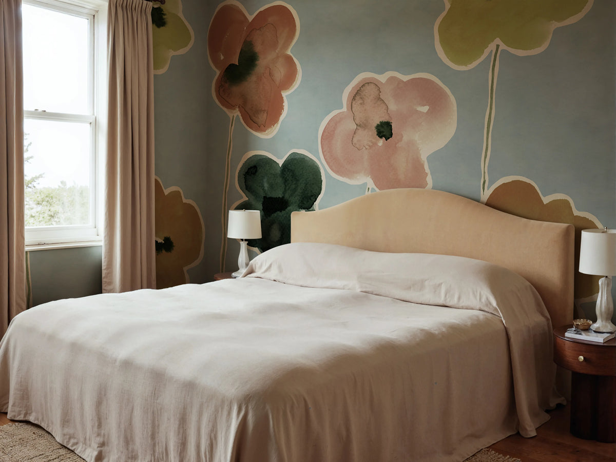 Paper Poppies, Blue Mural Wallpaper - room preview 02