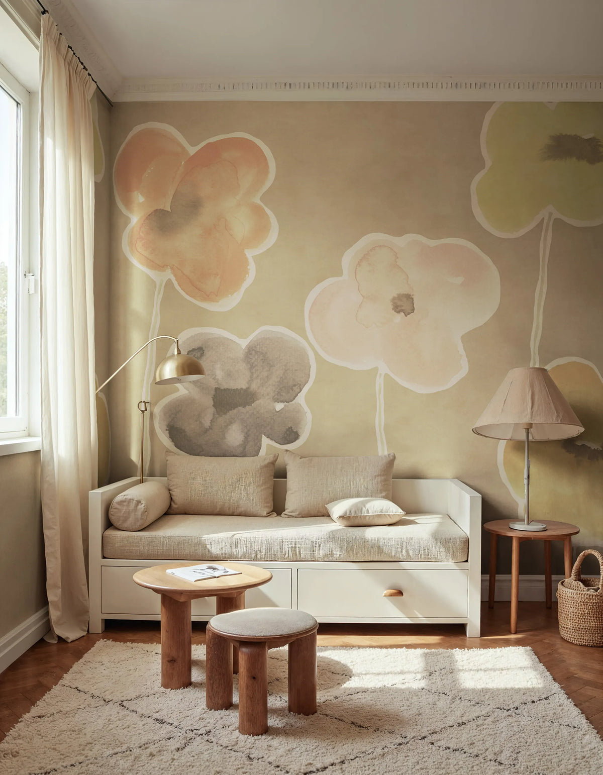 Paper Poppies, Beige Mural Wallpaper - room preview 02