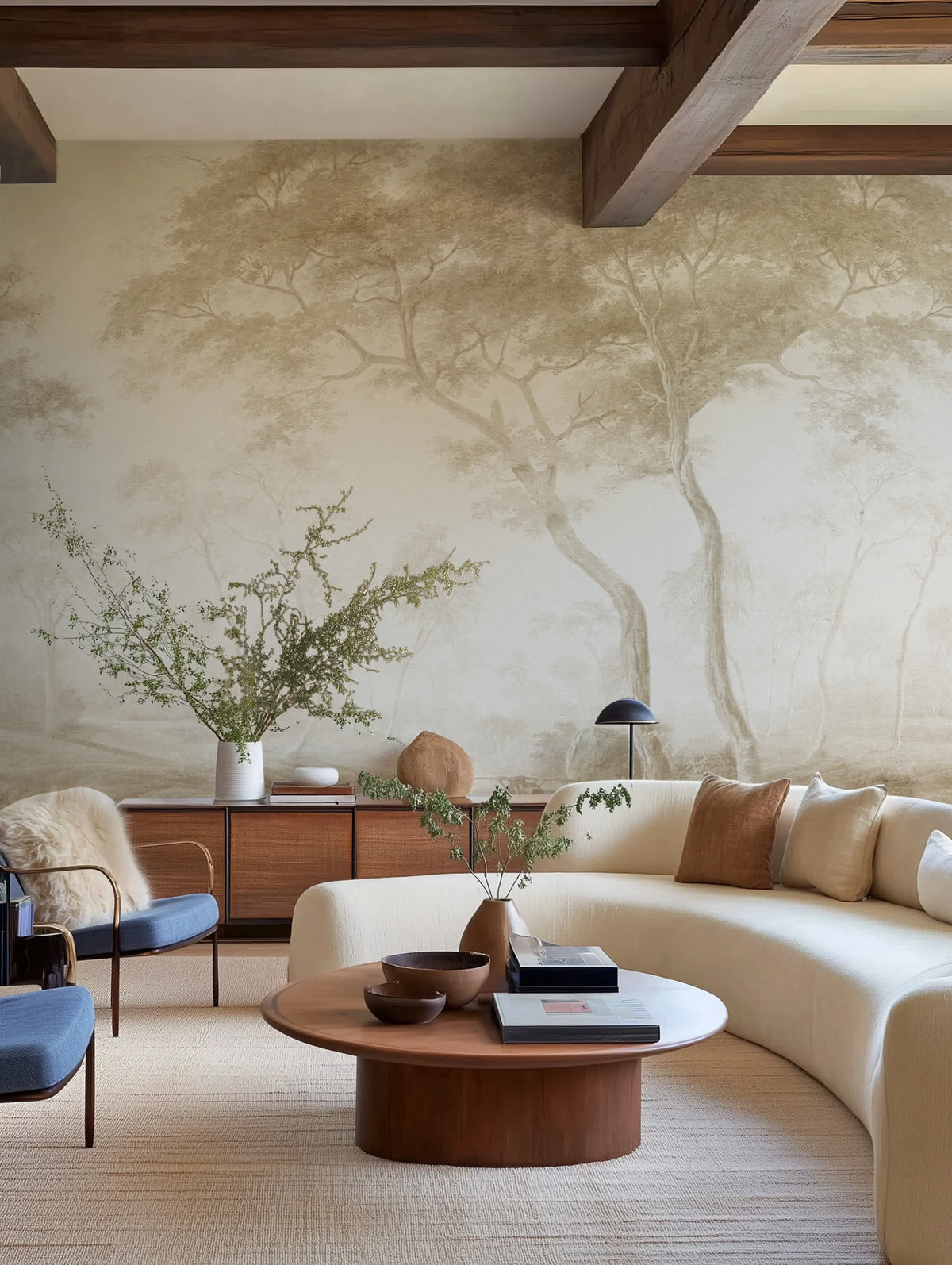 The Green Forest, Beige Mural Wallpaper - room preview 02