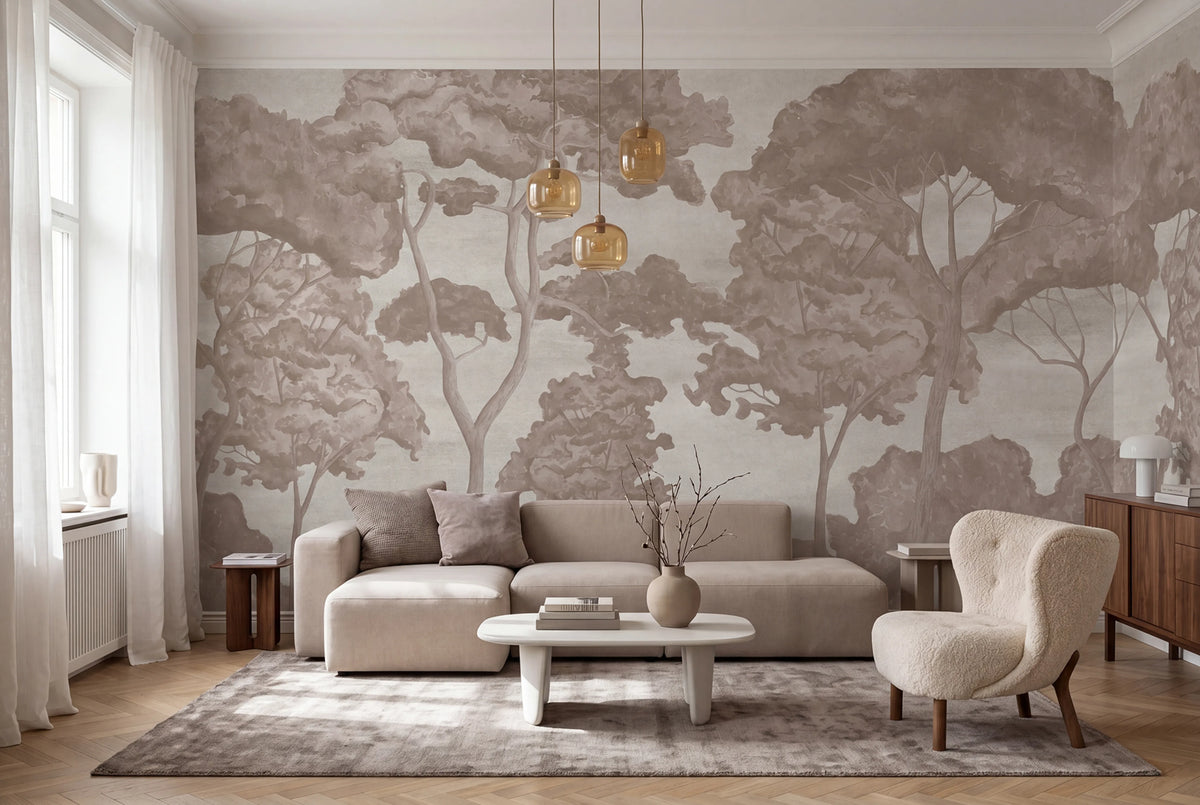 Tree Parade, Beige Mural Wallpaper - room preview 02