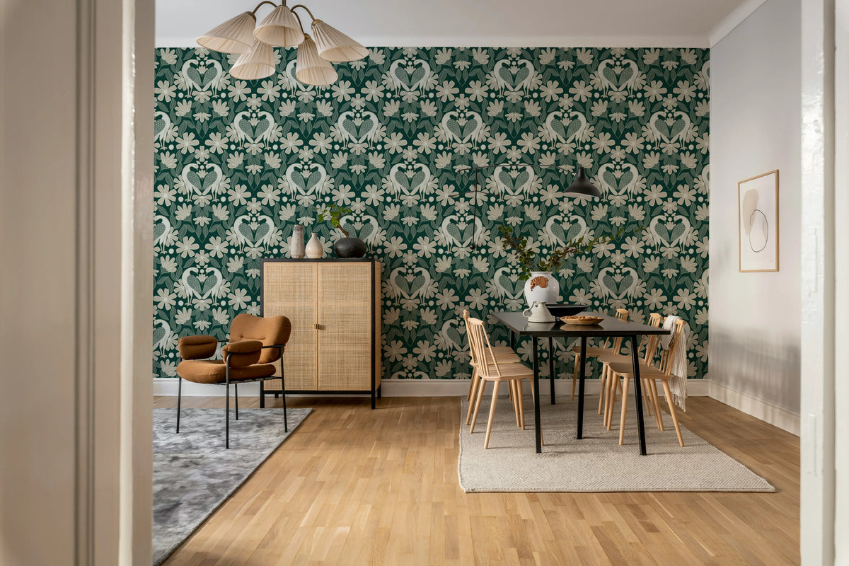 Dreamy Birds, Green Mural Wallpaper - room preview 02