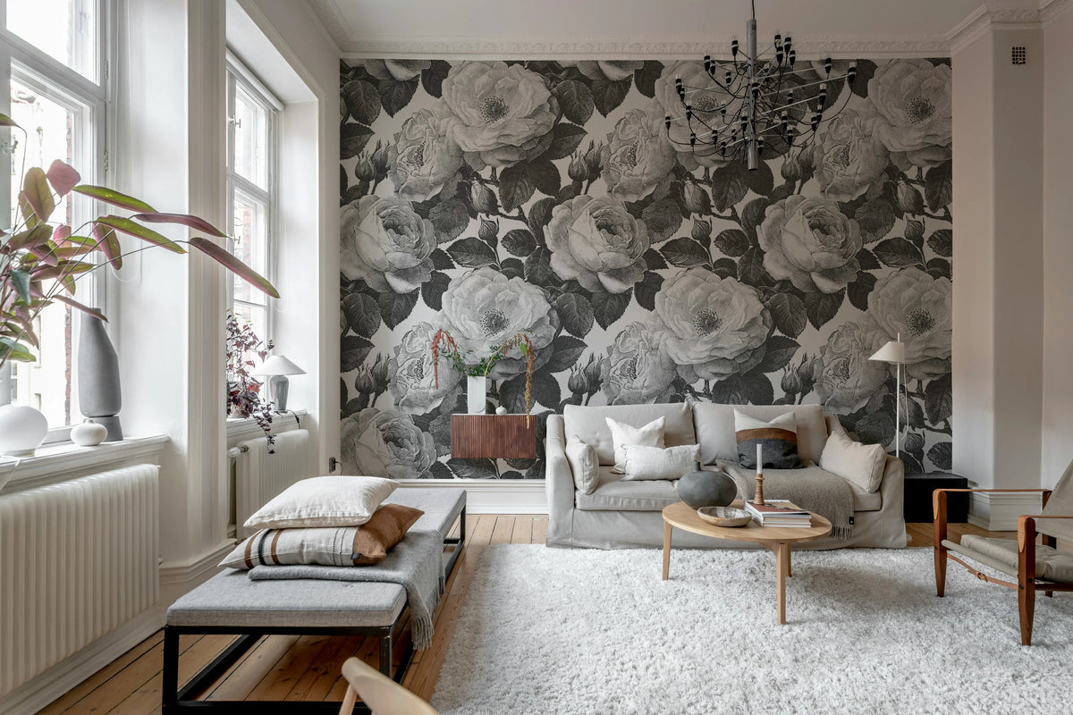 Bold Roses, Black & White Mural Wallpaper - room preview 02