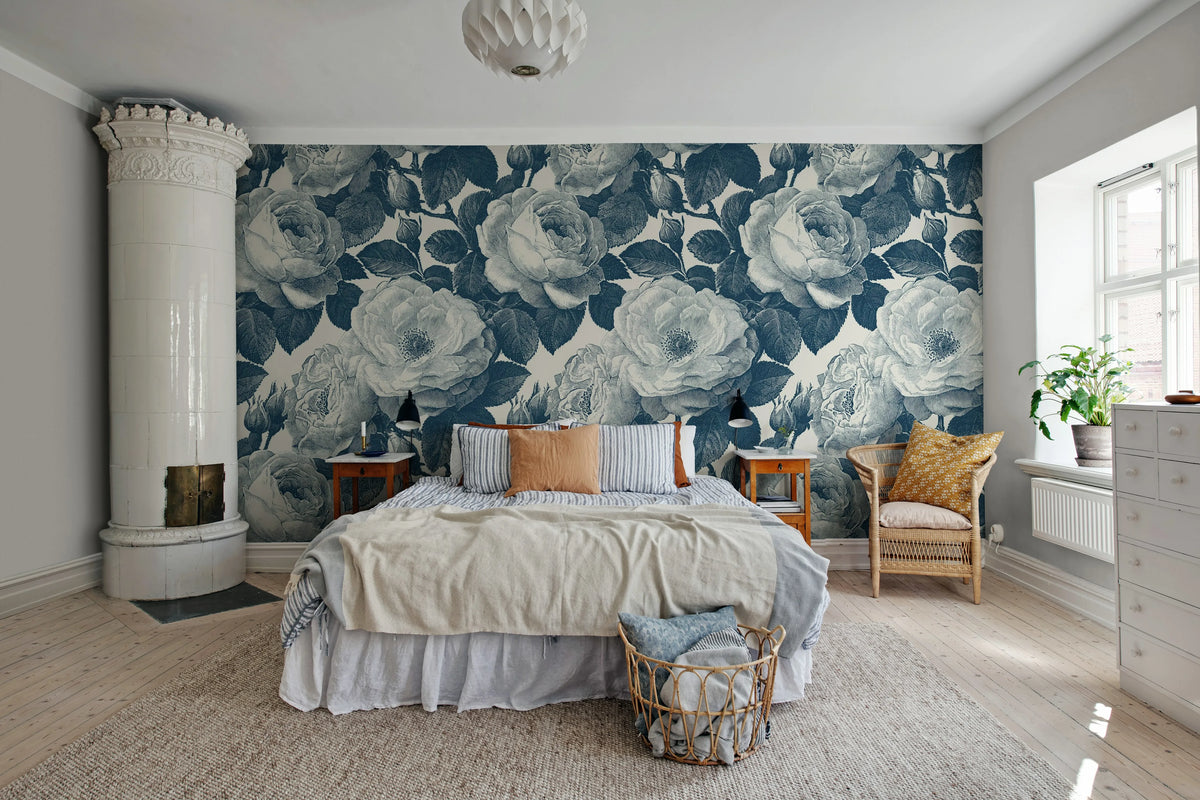 Bold Roses, Blue Mural Wallpaper - room preview 02