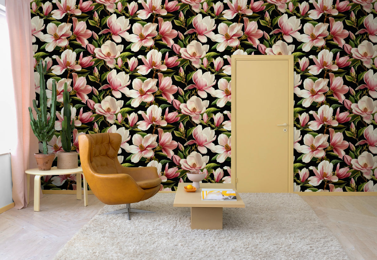 Magnolia Blossoms, Pink Mural Wallpaper - room preview 02