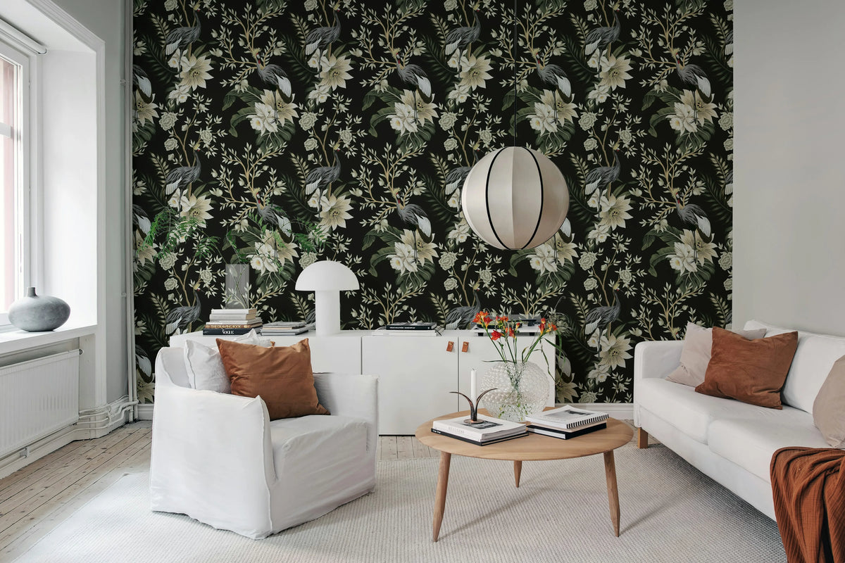 Graceful Cranes, Dark Mural Wallpaper - room preview 02