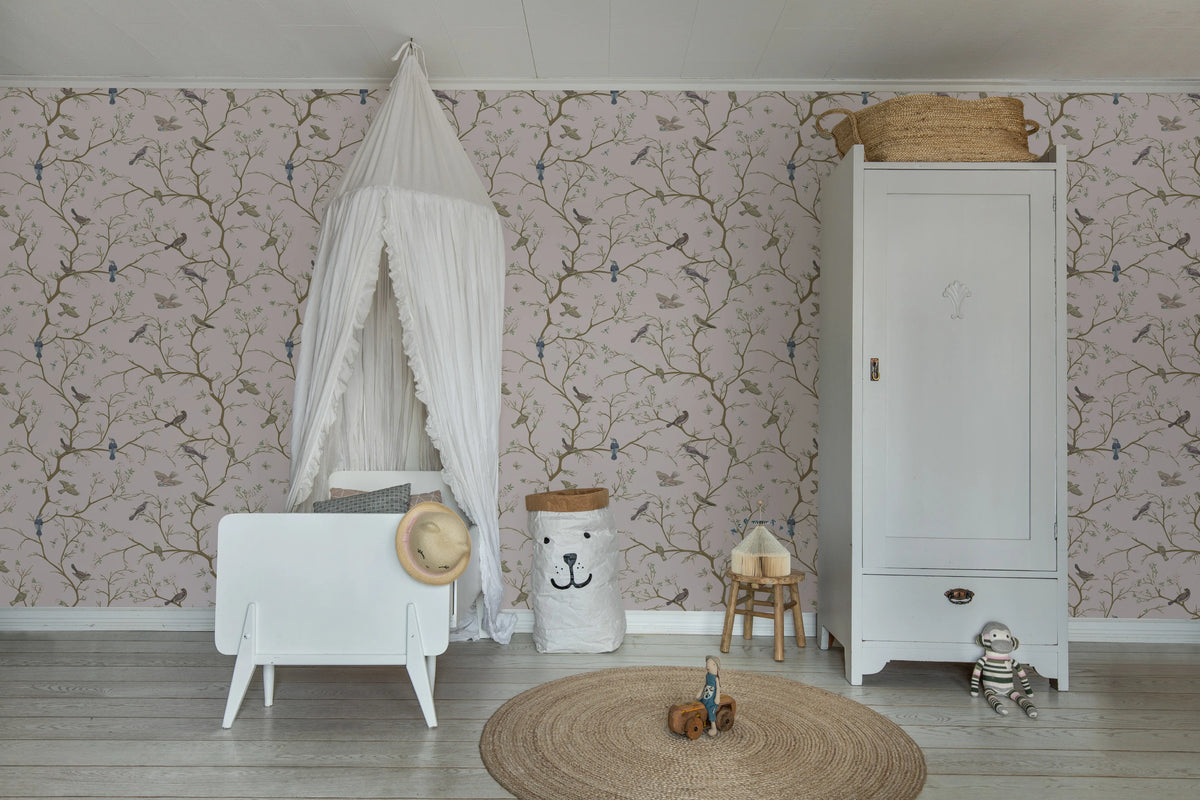 Bird Chinoiserie, Pink Mural Wallpaper - room preview 02