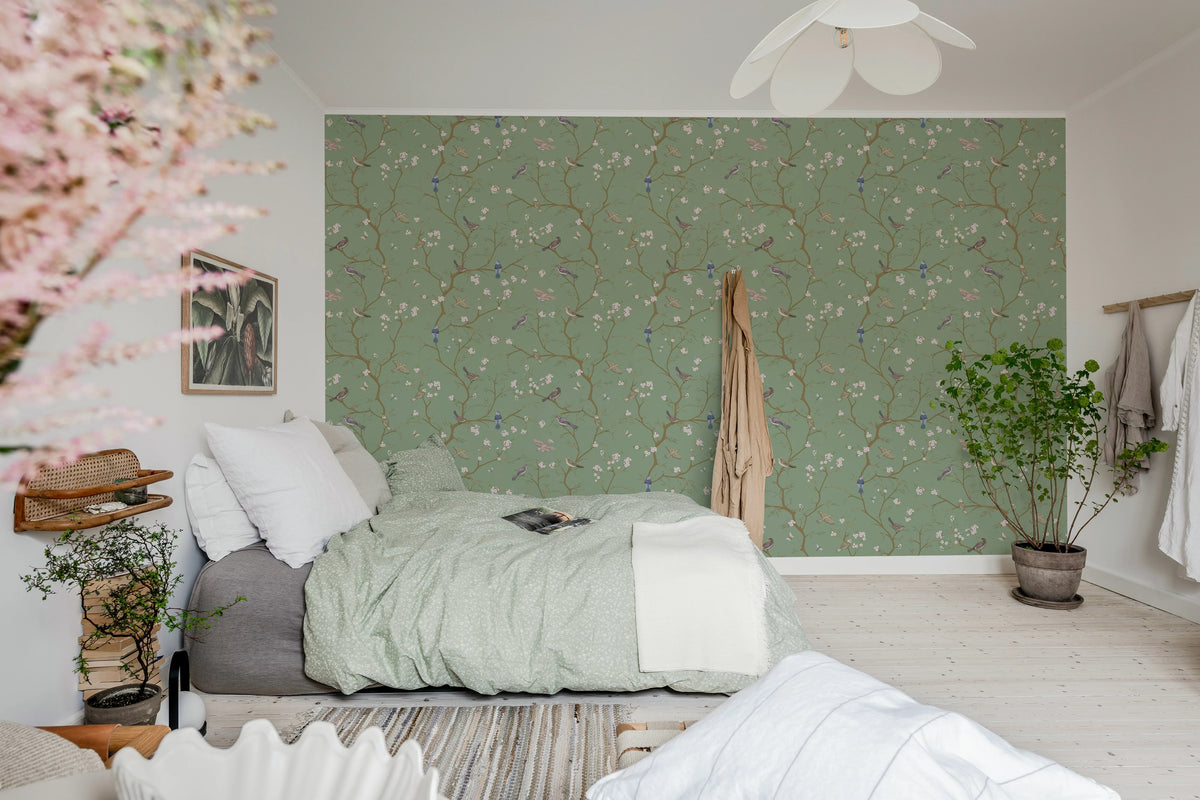 Bird Chinoiserie, Green Mural Wallpaper - room preview 02