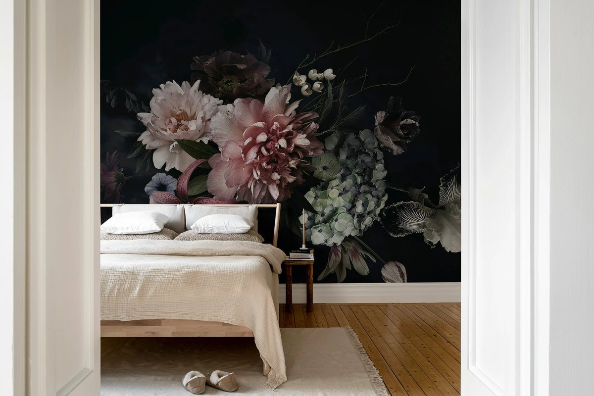 Floral Bouquet, Dark Mural Wallpaper - room preview 02