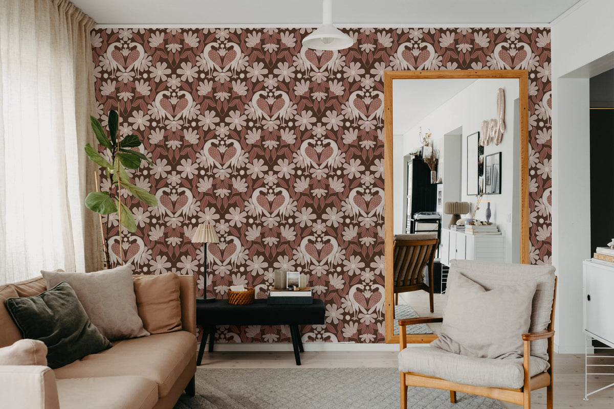 Dreamy Birds, Burgundy Mural Wallpaper - room preview 02
