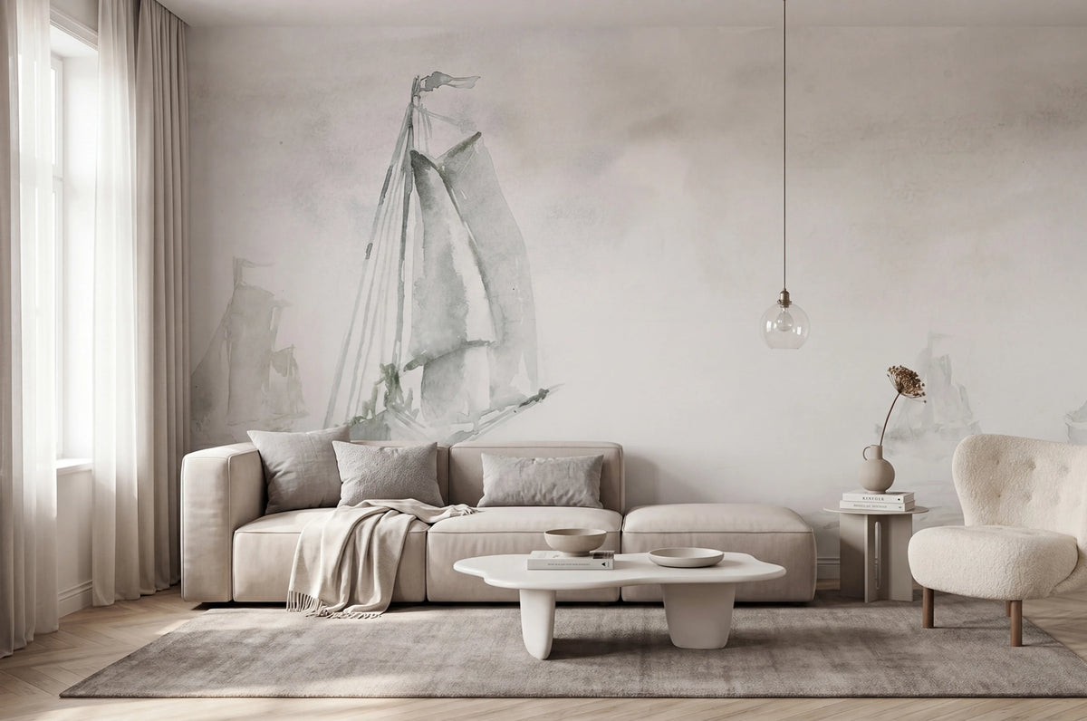 Sailing Boat, Gray Mural Wallpaper - room preview 02