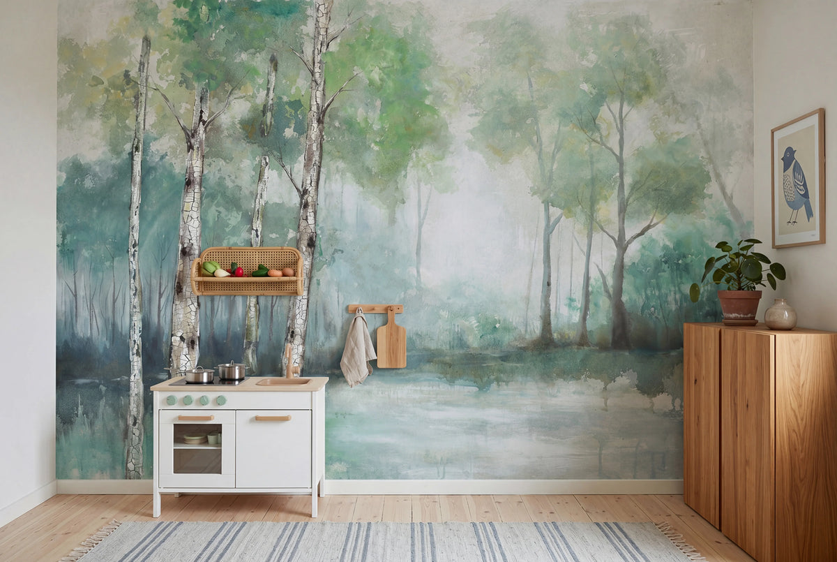 Birch View, Light Green Mural Wallpaper - room preview 02