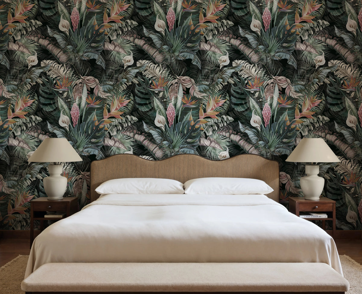 Jungle Leaves, Dark Green Mural Wallpaper - room preview 02