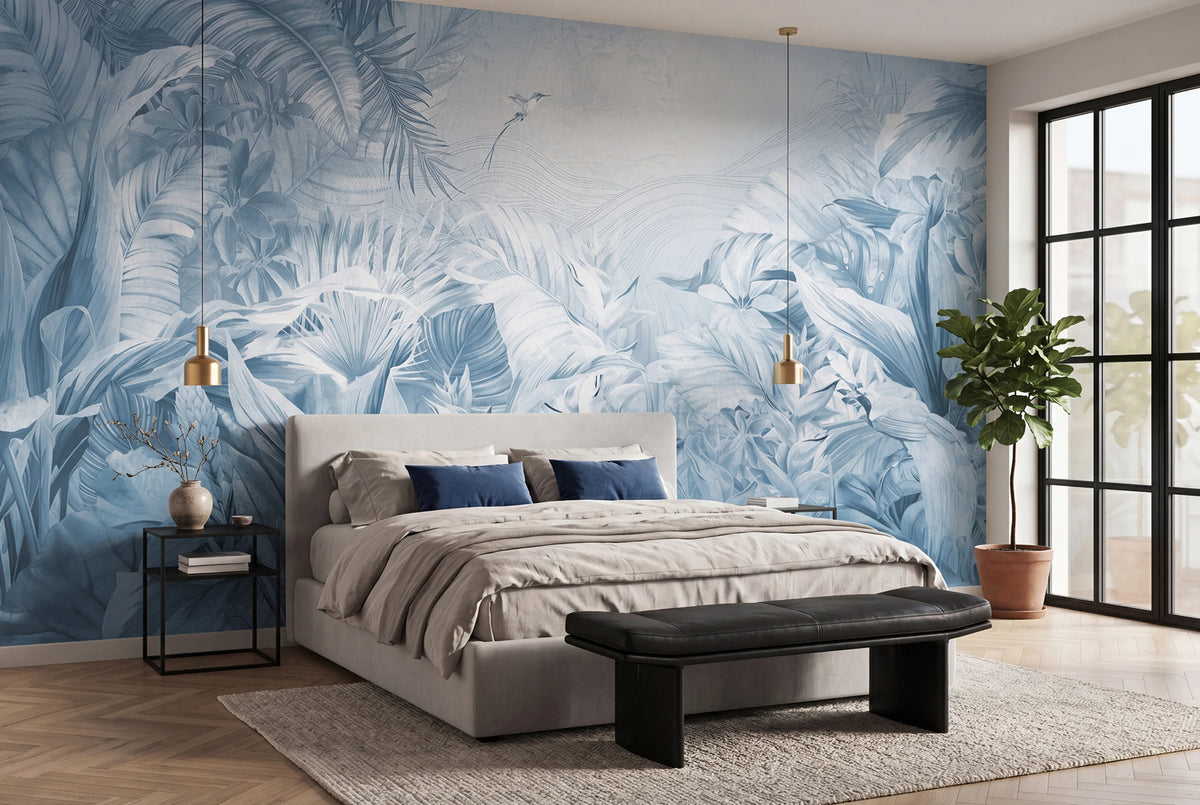 Jungle Plants, Blue Mural Wallpaper - room preview 02