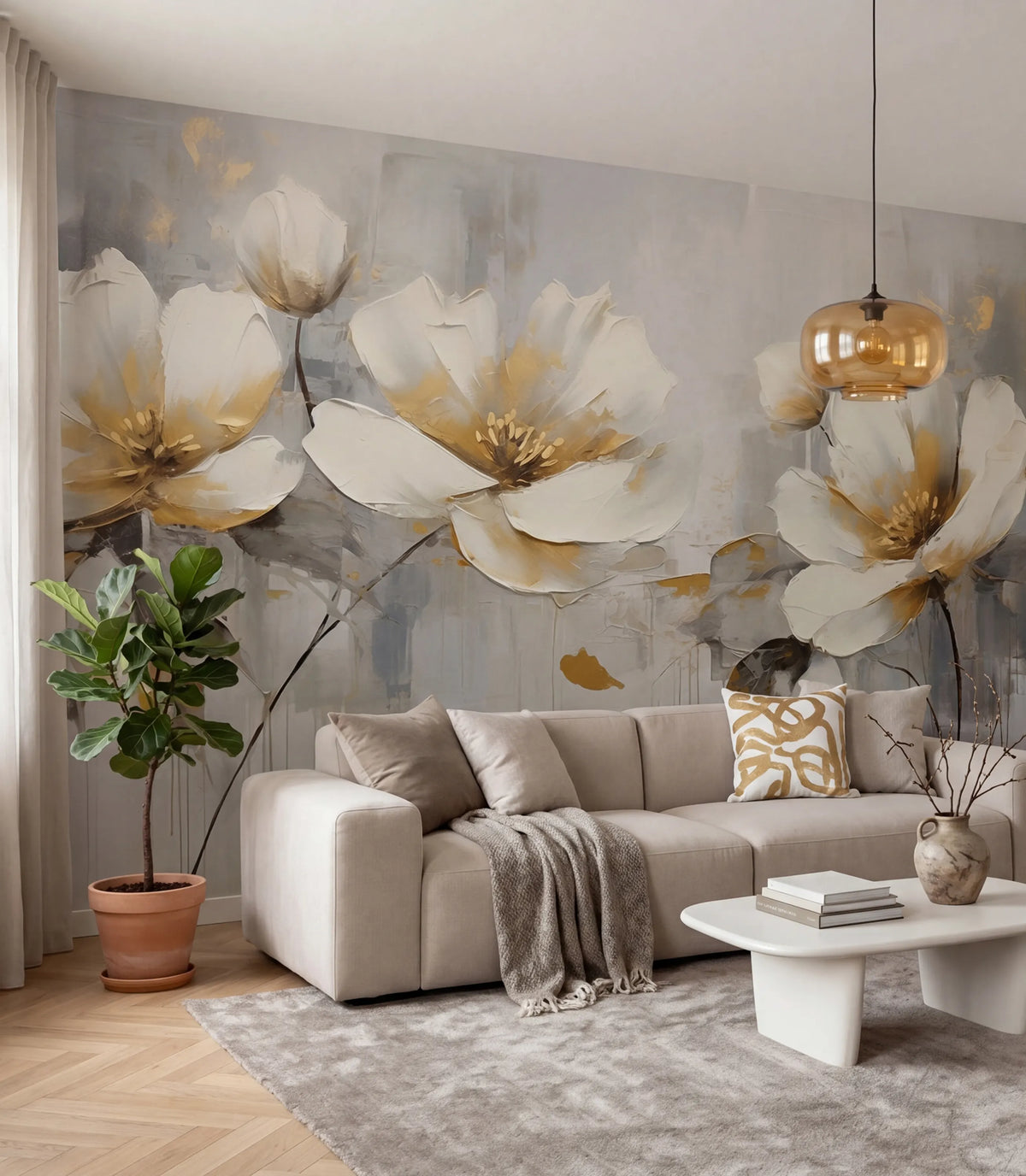 Floral Elegance, Gray Mural Wallpaper - room preview 02