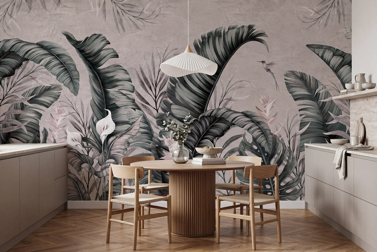 Tropical Leaves, Dusty Pink Mural Wallpaper - room preview 02