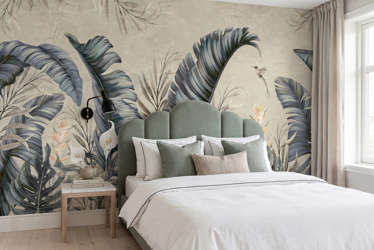 Tropical Leaves, Beige Mural Wallpaper - room preview 02