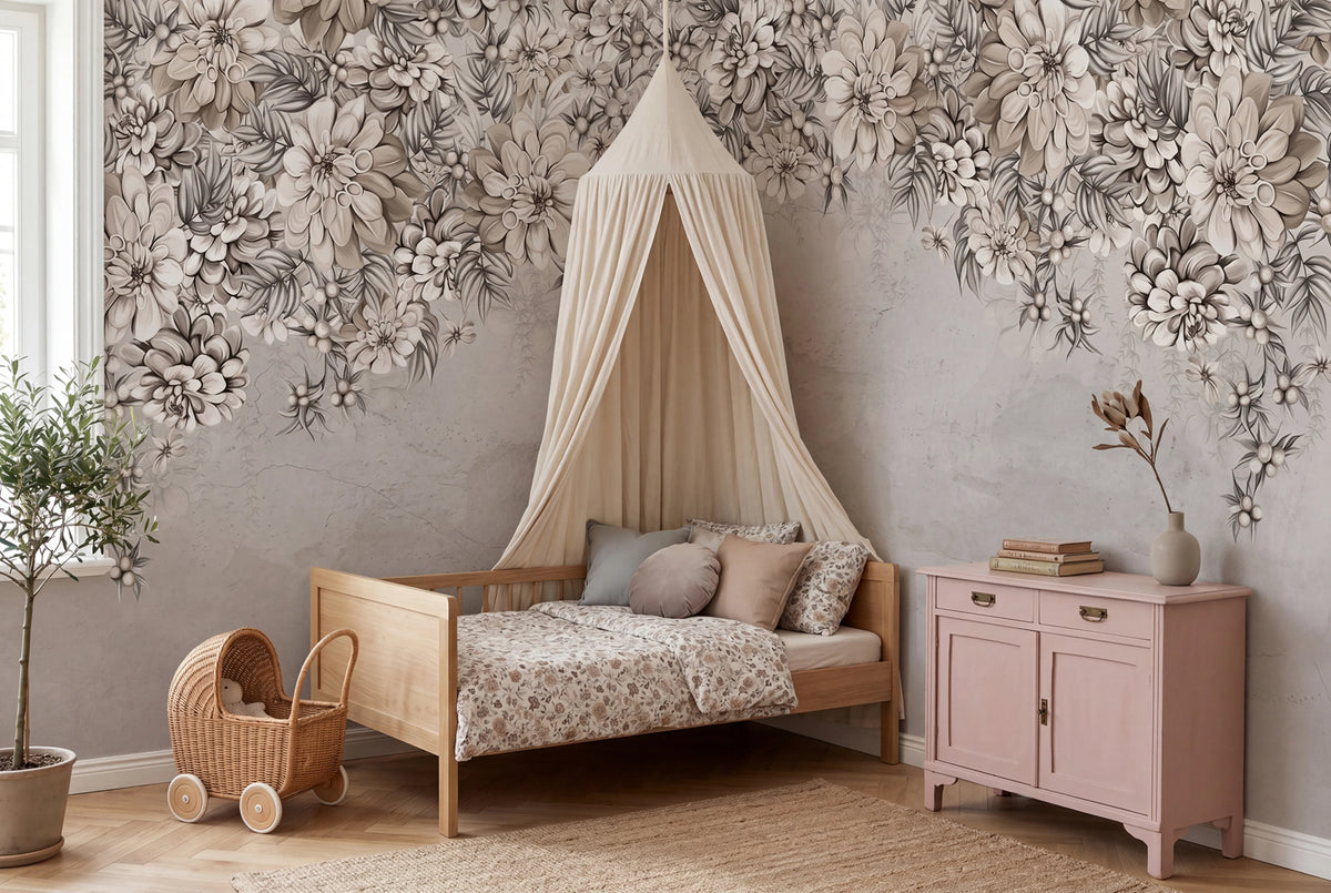 Serene Blossoms, Beige Mural Wallpaper - room preview 02
