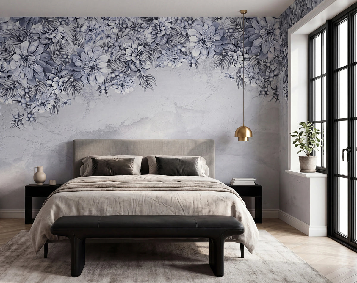 Serene Blossoms, Blue Mural Wallpaper - room preview 02