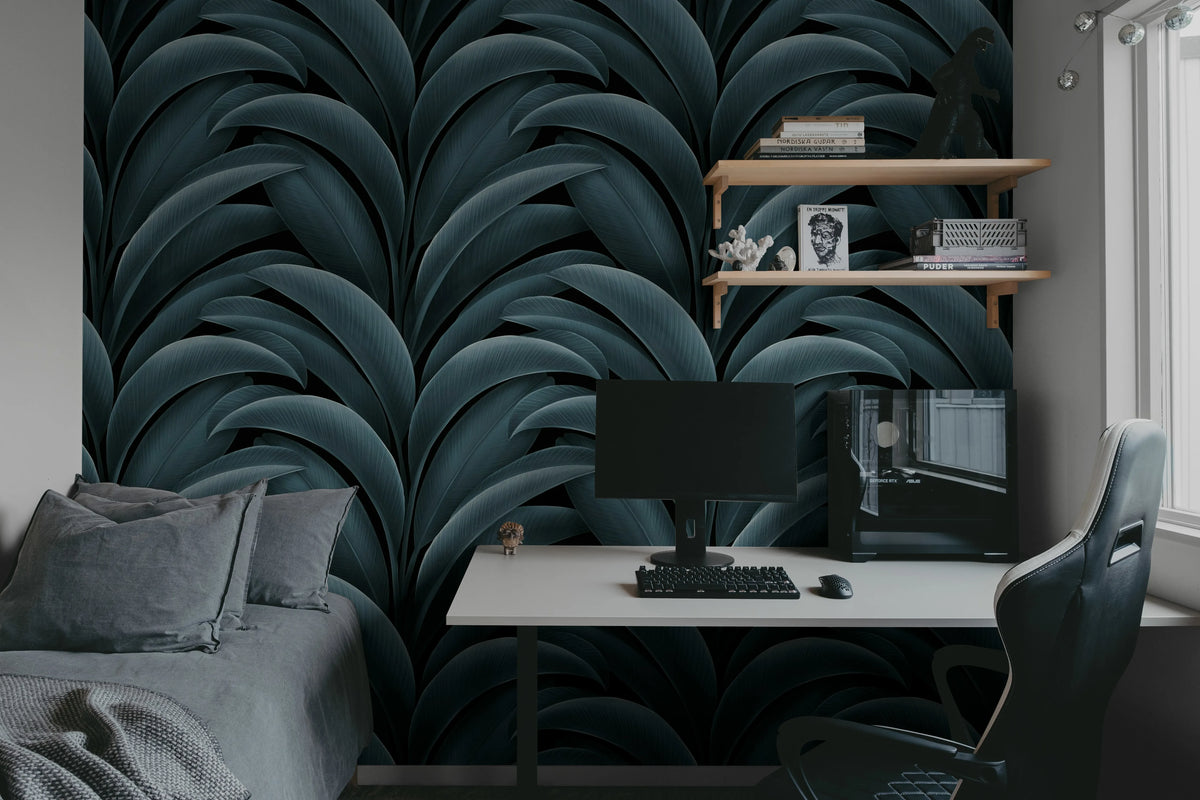 Grand Leaves, Blue Mural Wallpaper - room preview 02