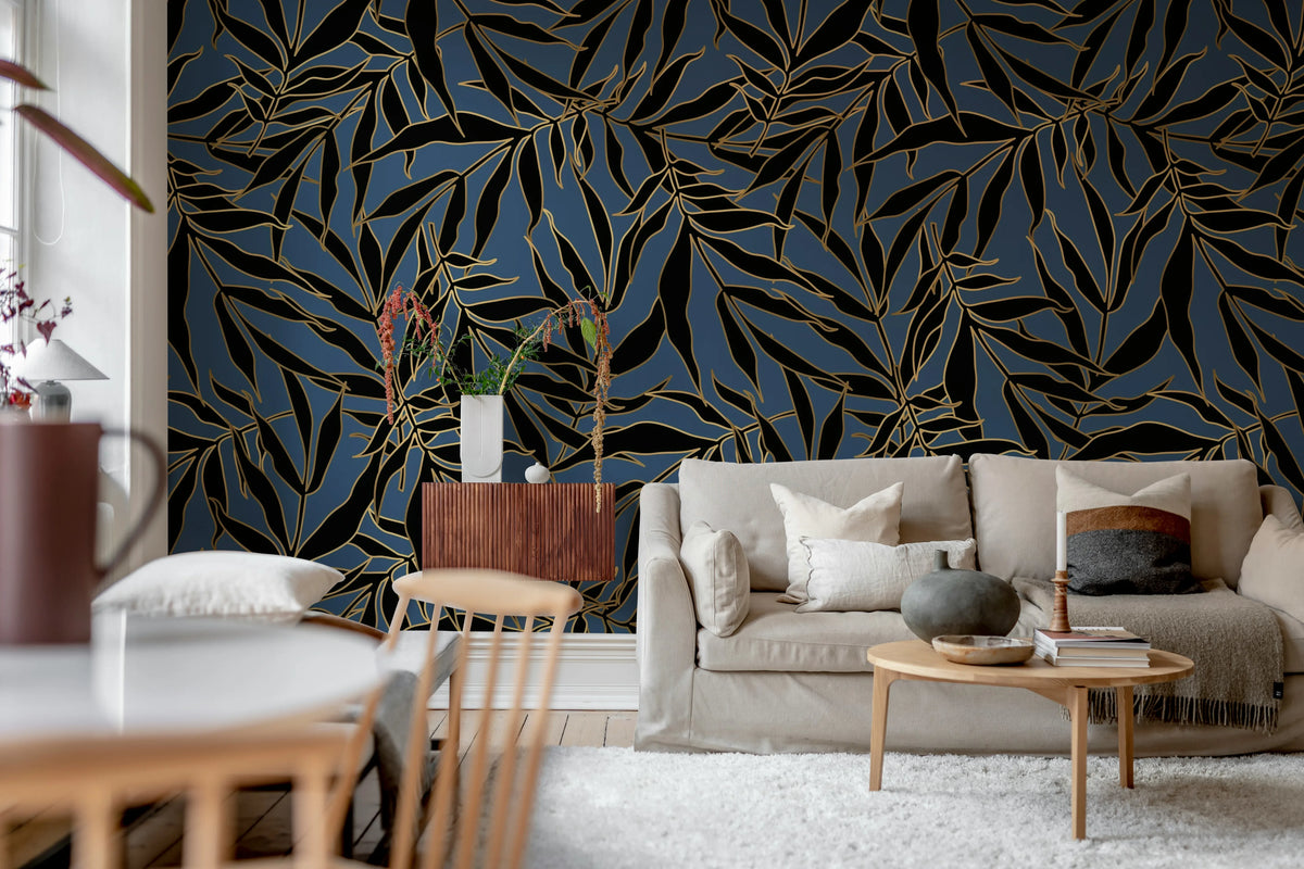 Bold Leaves, Blue Mural Wallpaper - room preview 02