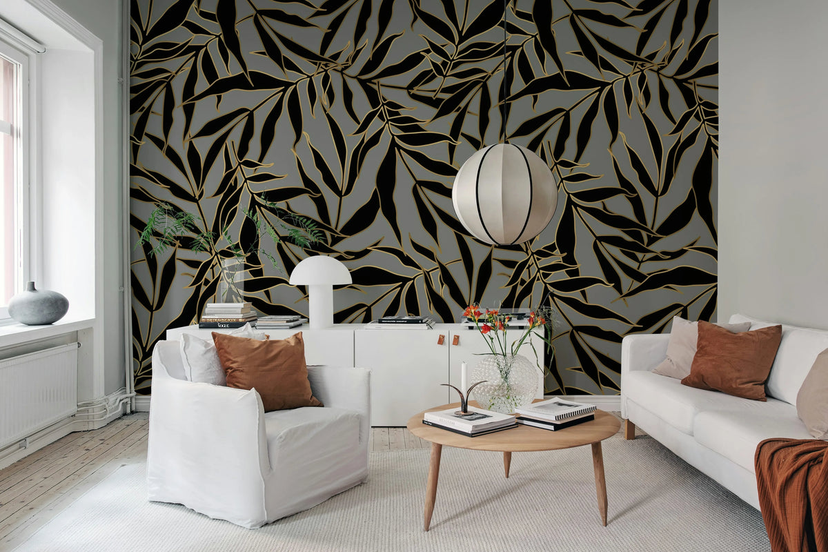 Bold Leaves, Gray Mural Wallpaper - room preview 02