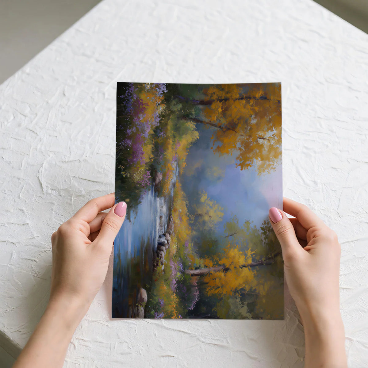 Autumn River Landscape Mural Wallpaper — Impressionistic Forest Scene Mural Wallpaper - room preview 03
