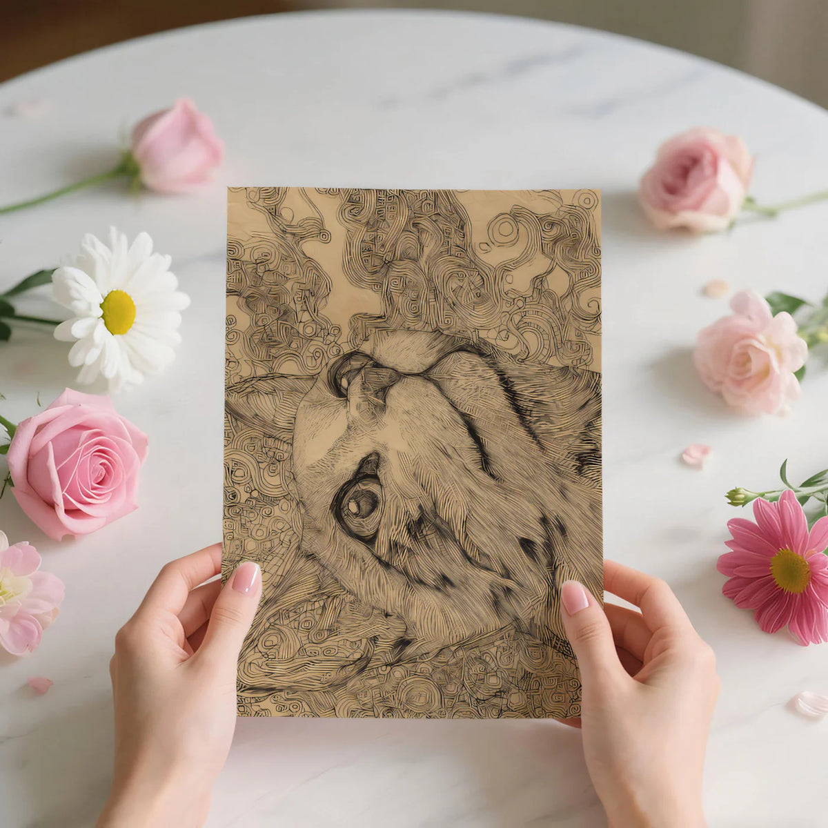 Intricate Feline Sketch Mural Wallpaper — Artistic Line Art Design Mural Wallpaper - room preview 03